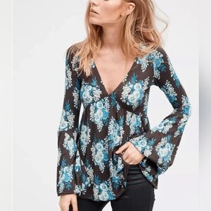 NWT Free People Floral Boho Hippie Western Bell Sleeve Top Size XS